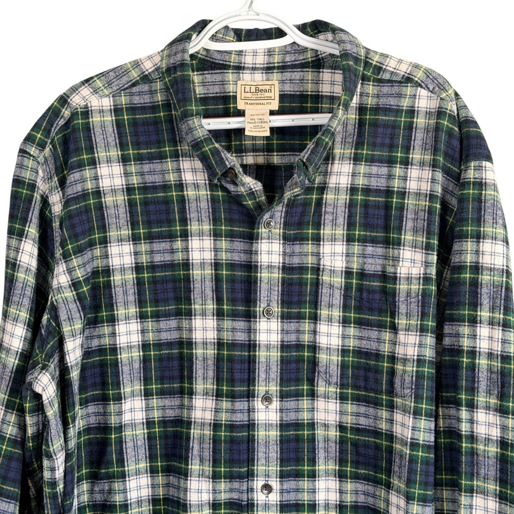 LL Bean Scotch Plaid Flannel Shirt Mens 2XLT Green Blue Traditional Fit 228066